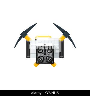 vector colorful flat style design crossed mining picks with asic crypto currency miner device sign logo template illustration isolated white backgroun Stock Vector