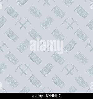 vector monochrome outline style design GPU red and green graphic processing units crypto currency gold crossed mining picks illustrations isolated gre Stock Vector