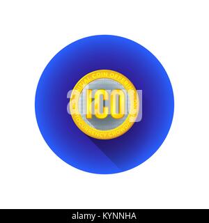 vector gold color realistic design ICO initial coin offering symbol blockchain based crowdfunding blue circle icon isolated sign on white background Stock Vector