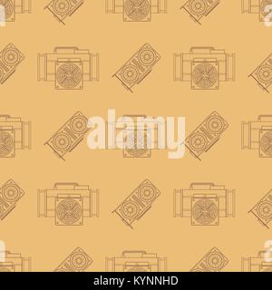 vector monochrome outline style design GPU mining graphic processing units and ASIC crypto currency miner device illustrations isolated gold backgroun Stock Vector