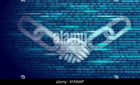 Blockchain technology agreement handshake business concept low poly. Icon sign symbol binary code numbers design. Hands chain link internet hyperlink connection blue vector illustration Stock Vector