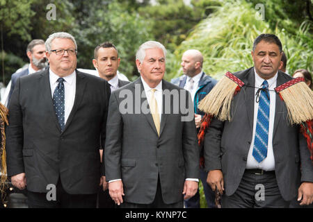 U.S. Secretary of State Rex Tillerson, with New Zealander Foreign Minister Gerry Brownlee, is welcomed to New Zealand with a pōwhiri ceremony at Premier House in Wellington, New Zealand, on June 6, 2017. Secretary Tillerson Attends a Powhiri Ceremony in Wellington 35128630465 o Stock Photo