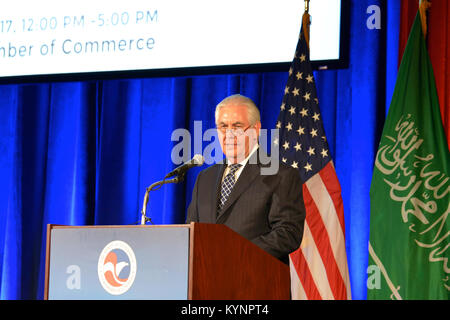 U.S. Secretary of State Rex Tillerson delivers remarks at the U.S. Chamber of Commerce’s U.S.-Saudi CEO Summit, at the U.S. Department of Commerce in Washington, D.C. on April 19, 2017. Secretary Tillerson Delivers Remarks at the US Chamber of Commerce’s 33300158524 o Stock Photo