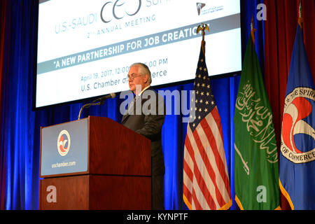 U.S. Secretary of State Rex Tillerson delivers remarks at the U.S. Chamber of Commerce’s U.S.-Saudi CEO Summit, at the U.S. Department of Commerce in Washington, D.C. on April 19, 2017. Secretary Tillerson Delivers Remarks at the US Chamber of Commerce’s 33985542902 o Stock Photo