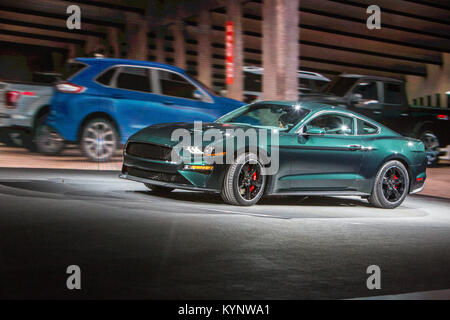 Detroit, Michigan, USA. 14th Jan, 2018. Ford's 2019 Mustang Bullitt, on display at the North American International Auto Show. Credit: Jim West/Alamy Live News Stock Photo