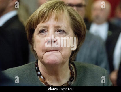 Trinwillershagen, Germany. 12th Jan, 2018. German Chancellor Angela Merkel (CDU) seen during the New Year's Reception of the state counsil of the district Vorpommern-Ruegen in Trinwillershagen, Germany, 12 January 2018. Merkel has been representing the electoral district Stralsund-Greifswald-Ruegen-Vorpommern since 1990 in the German Bundestag with a direct mandate. Credit: Stefan Sauer/dpa/Alamy Live News Stock Photo