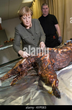 Trinwillershagen, Germany. 12th Jan, 2018. German Chancellor Angela Merkel (CDU) stands next to butcher Andre Teuerung and waits for the first piece of roast wild boar during the New Year's Reception of the state counsil of the district Vorpommern-Ruegen in Trinwillershagen, Germany, 12 January 2018. Merkel has been representing the electoral district Stralsund-Greifswald-Ruegen-Vorpommern since 1990 in the German Bundestag with a direct mandate. Credit: Stefan Sauer/dpa/Alamy Live News Stock Photo