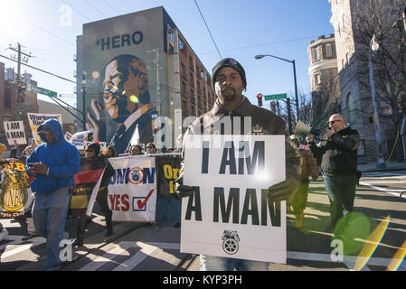 Atlanta, USA. 15th Jan, 2018. Thousands of people gathered in Atlanta for the annual MLK Day march which celebrates the life of Dr. Martin Luther King Jr. 15th Jan, 2018. Credit: Steve Eberhardt/ZUMA Wire/Alamy Live News Stock Photo