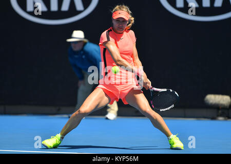 Melbourne, Australia. 16th Jan, 2018. Eugenie Bouchard of Canada in action in a first round match against Oceane Dodin of France on day two of the 2018 Australian Open Grand Slam tennis tournament in Melbourne, Australia. Credit: Cal Sport Media/Alamy Live News Stock Photo