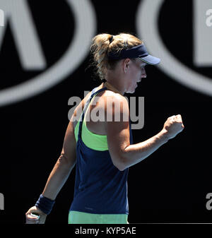 Melbourne, Australia. 16th Jan, 2018. Angelique Kerber of Germany celebrates during the women's singles first round match against Anna-Lena Friedsam of Germany at Australian Open 2018 in Melbourne, Australia, Jan. 16, 2018. Kerber won 2-0. Credit: Li Peng/Xinhua/Alamy Live News Stock Photo