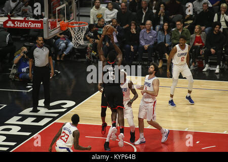 Los Angeles, CA, USA. 15th Jan, 2018. Houston Rockets center Clint Capela (15) going for a dunk during the Houston Rockets vs Los Angeles Clippers at Staples Center on January 15, 2018. (Photo by Jevone Moore/Cal Sport Media) Credit: csm/Alamy Live News Stock Photo