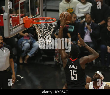 Los Angeles, CA, USA. 15th Jan, 2018. Houston Rockets center Clint Capela (15) flying high for a dunk during the Houston Rockets vs Los Angeles Clippers at Staples Center on January 15, 2018. (Photo by Jevone Moore/Cal Sport Media) Credit: csm/Alamy Live News Stock Photo