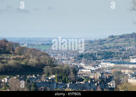 Landscape view of historic Bath from its skyline looking out towards Bristol in the far distance both cities told to have Clean Air Zones Stock Photo
