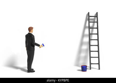miniature figurine businessman character with ladder and blue paint in front of an empty wall isolated on white background Stock Photo