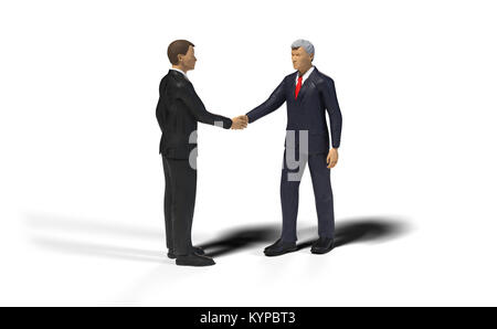 2 toy miniature figure businessmen shaking hands, isolated on white background Stock Photo