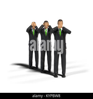 3 toy miniature figure businessmen in three wise monkeys pose isolated on white background - see no evil, hear no evil, speak no evil Stock Photo