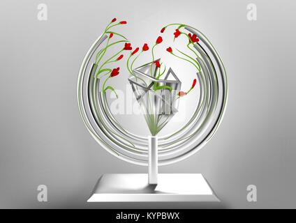 Vase with red abstract flowers on gray background Stock Vector