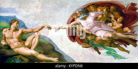 Sistine Chapel ceiling. The Creation of Adam, detail of a fresco in the Sistine Chapel by Michelangelo (1475-1564), Vatican City, Rome Italy. Dating from around 1511. Stock Photo