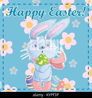 Greeting post card template Happy Easter with cute cartoon bunny holding easter eggs on a green background with chamomile. Vector illustration. Stock Vector