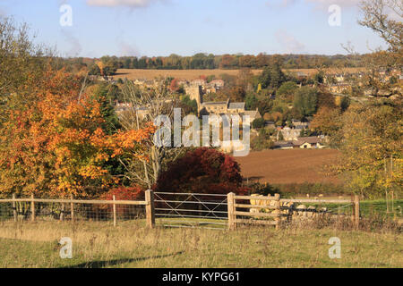 View over Cotswold farmland to the village of Blockley in the  Gloucestershire countryside England uk during Autumn time Stock Photo