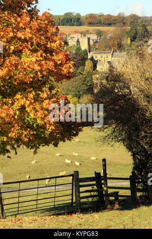 View over Cotswolds farmland to the village of Blockley in the  Gloucestershire countryside England uk during Autumn time Stock Photo