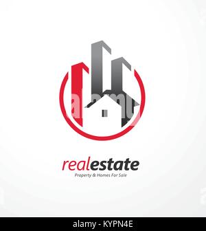 Buildings and homes, real estate business logo design symbol. Vector logo with house and buildings in a circle. Stock Vector