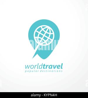 Logo idea for travel agency. Location mark with globe icon and lens shape in negative space. Check point creative symbol concept. Spot sign vector Stock Vector
