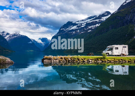 Family vacation travel RV, holiday trip in motorhome, Caravan car Vacation. Beautiful Nature Norway natural landscape. Stock Photo