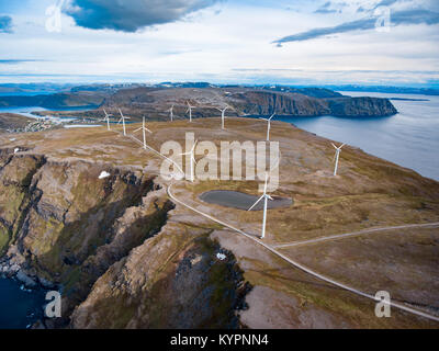 Windmills for electric power production. Arctic View, Havoysund, Northern Norway aerial photography.