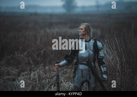 Girl in image of Jeanne d'Arc in armor and with sword in her hands stands on meadow in middle of dry grass. Closeup. Stock Photo