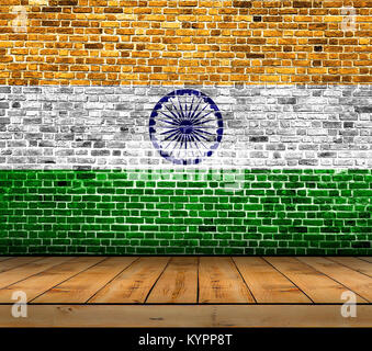 India flag painted on brick wall with wooden floor Stock Photo