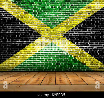 Jamaica flag painted on brick wall with wooden floor Stock Photo