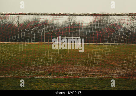 Tags on soccer field, white lines and grass. Stock Photo