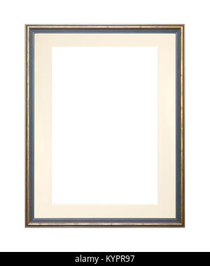 Vintage old wooden classic golden and grey painted vertical rectangular frame with beige cardboard mat (passe partout mount) for picture or photo, iso Stock Photo