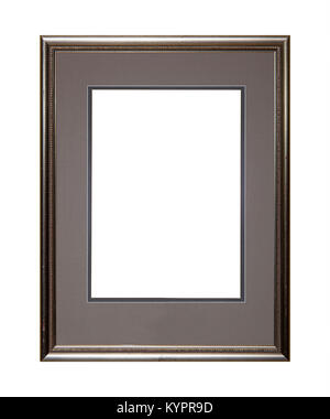 Vintage old wooden classic silver gray painted vertical rectangular frame and cardboard mat (passe partout mount) for picture or photo, isolated on wh Stock Photo