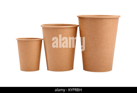 Close up group of three empty brown paper parchment coffee to go cups, big and small,  isolated on white background, low angle side view Stock Photo