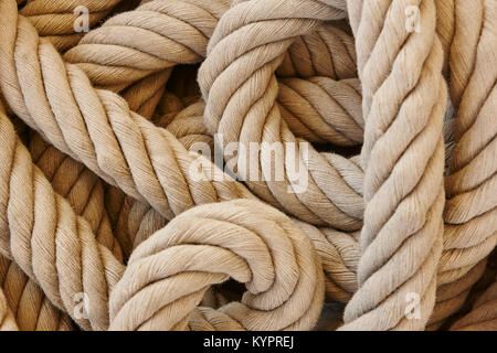 Thick rope with loops. Marine background. Horizontal