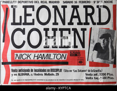 Leonard Cohen plus Nick Hamilton, Madrid. Musical concert poster Stock Photo