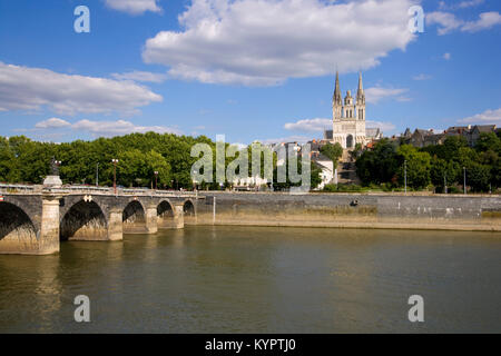 River La Maine and Cathedral Saint-Maurice, Angers, Maine et Loire, France Stock Photo