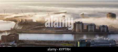 Swansea docks in the fog Stock Photo