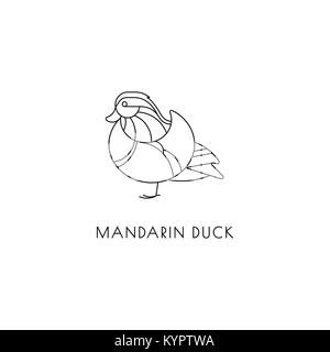 Mandarin duck linear sign bird isolated on white. Vector logo design Stock Vector