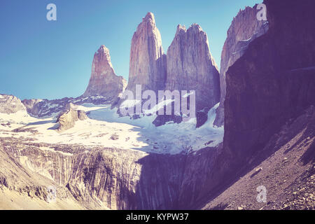 Vintage toned picture of the Torres del Paine mountain range, Patagonia, Chile. Stock Photo