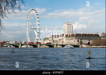 London Eye and buildings on the South Bank of Thames river in London