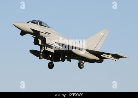 New Tranche 3 RAF Eurofighter Typhoon FGR4 onto the approach into RAF Coningsby on a clear November day. Note the clean appearance of the jet. Stock Photo