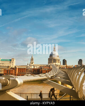 London, panoramic view of Millennium bridge, St. Paul and downtown skyline on a bright day Stock Photo