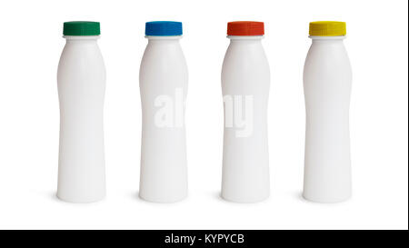 Milk or shampoo plastic bottles with cap set. Isolated on white background Stock Photo