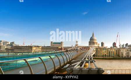 London, panoramic view of Millennium bridge, St. Paul and downtown skyline on a bright sunny morning Stock Photo