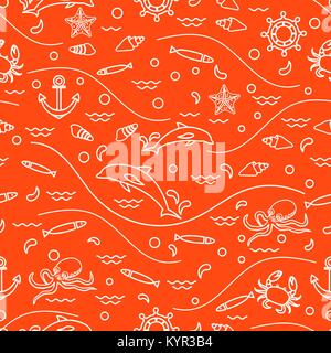 Cute seamless pattern with dolphins, octopus, fish, anchor, helm, waves, seashells, starfish, crab. Design for banner, poster or print. Stock Vector