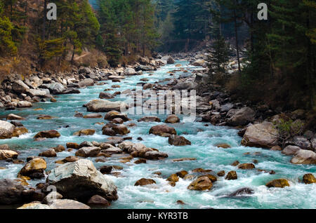 Parvati river viewed from Chalal, a small village in Himachal Pradesh, India. Stock Photo