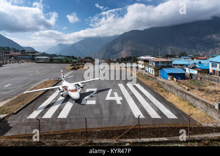 Departing flight at Lukla airport, Nepal Stock Photo